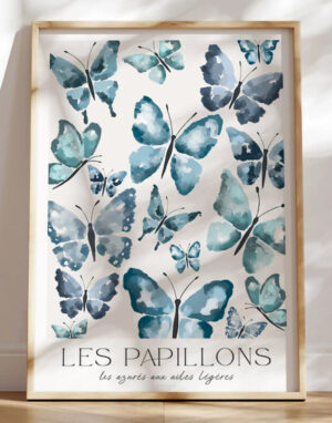 Blå plakat med sommerfugle - Les Papillons
