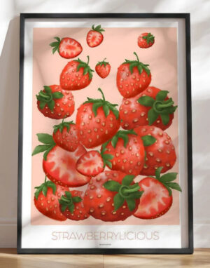 Strawberrylicious - Farverig plakat med jordbær