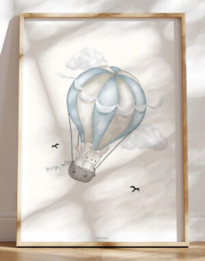 Børneplakat - rejsende kaniner i babyblå luftballon
