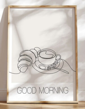 Line art plakat med kaffe og croissant - Good morning