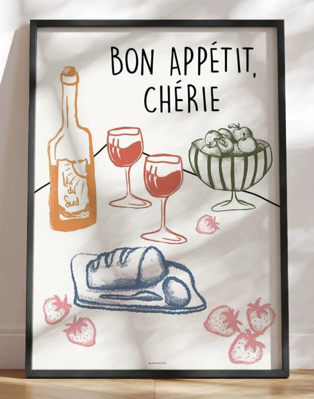 Bon appetit cherie - Festlig mad- og vinplakat