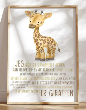 Børneplakat med giraf - lær om giraffen